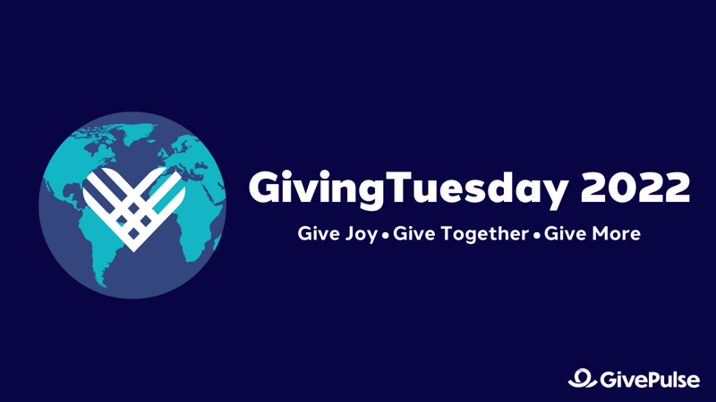Dark blue image with the Giving Tuesday logo of the earth with an overlaid heart. Around the logo is text reading 