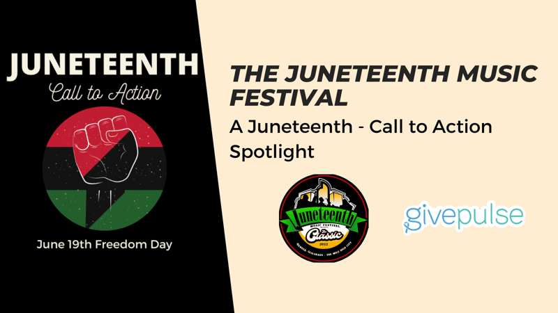 Fist in red black and green with test reading " The Juneteenth Music Festival" "A Juneteenth - Call to Action Spotlight" 