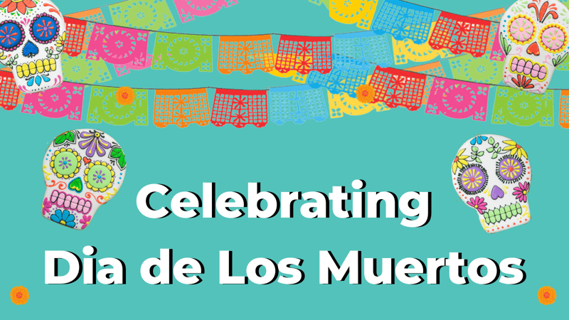Papel Picado and Sugar Skulls with text reading "Celebrating Dia de Los Muertos"