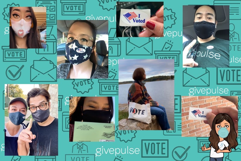 Collage of the GivePulse team members wearing their "I Voted" stickers 