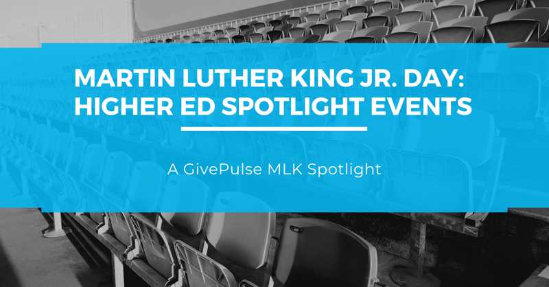 Lecture hall with text reading "Martin Luther King Jr. Day Higher Ed Spotlight Events"
