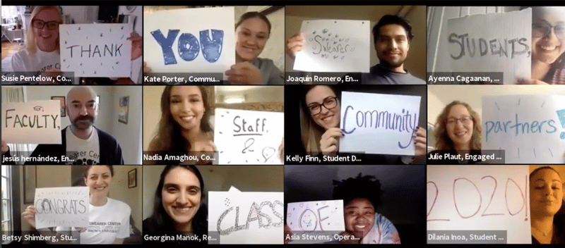Students, volunteers and community partners holding up "thank you" signs on a zoom call
