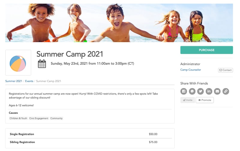 GivePulse dashboard for "Summer Camp 2021"