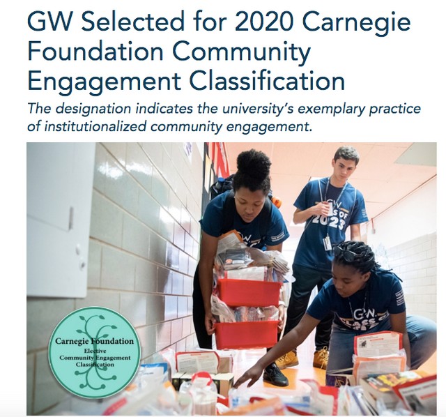 "GW Selected for Carnegie Foundation Community Engagement Classification" with an image of students packaging books and materials 