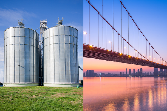 Side by side image of silos and a bridge