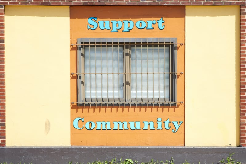 Picture of the outside of a yellow and orange building with a mural reading "Support Community"